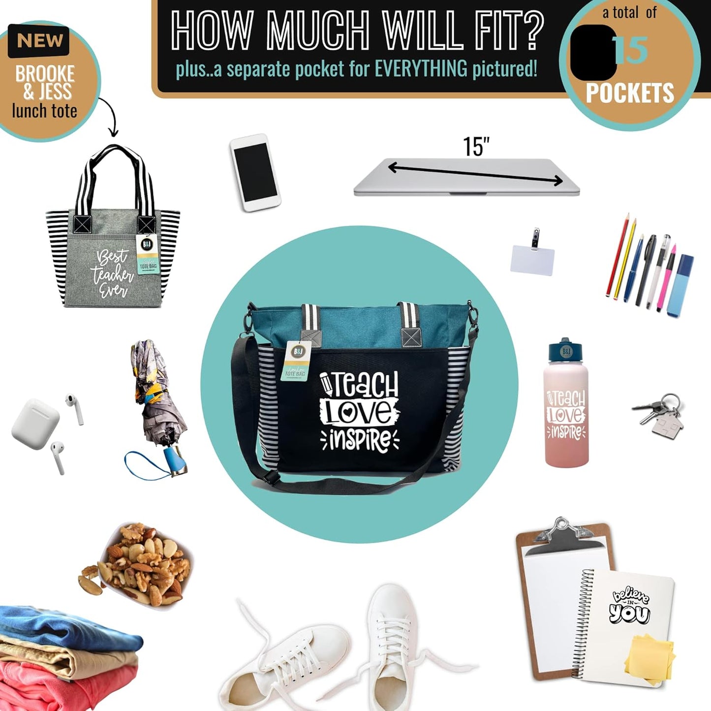 Brooke & Jess Designs Teacher Tote Bag for Work - Teacher Handbag Gifts for Women, Teacher Bag Best Teacher Appreciation Gift