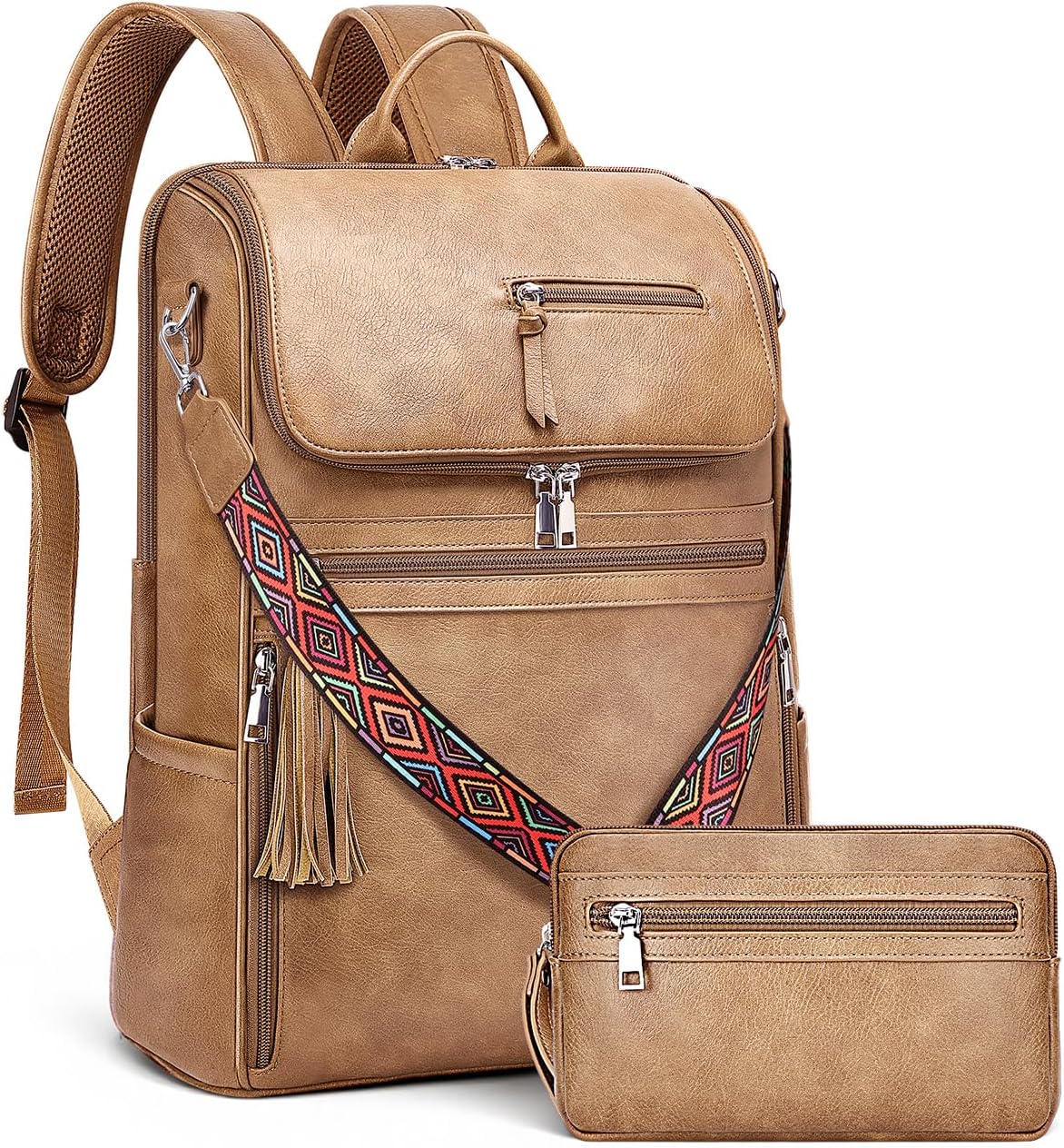Leather Laptop Backpack for Women Designer Laptop Bag, 16.5 inch Travel Computer Backpacks Purse with Tassel for Work Business with Satchel Purse Camel Brown