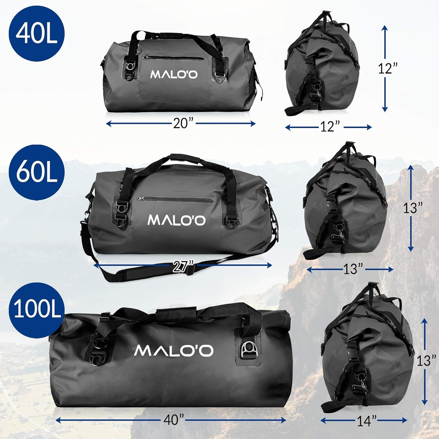 Malo’o Waterproof Dry Duffel, Heavy-Duty Roll Top Waterproof Gear Bag with Shoulder Strap & Molle Loops, Marine Duffel for Kayaking, Boating, Camping, Beach & Travel, Black, 100L