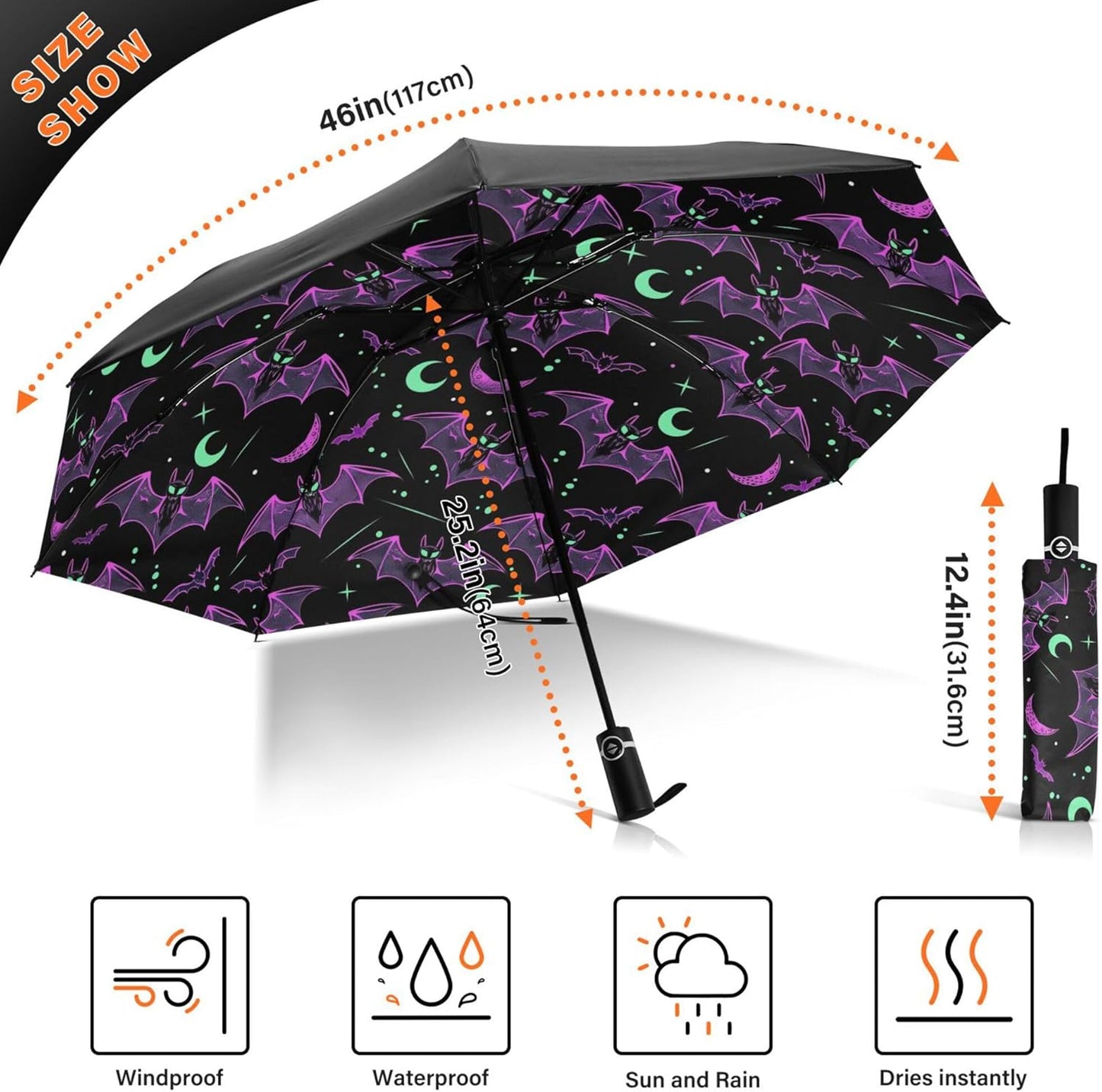 Automatic Folding Umbrella Windproof Strong, UV Protection Compact Black Gothic Moon Spider Webs and Bats Sun Rain Sun Rain Travel Umbrellas for Women Men