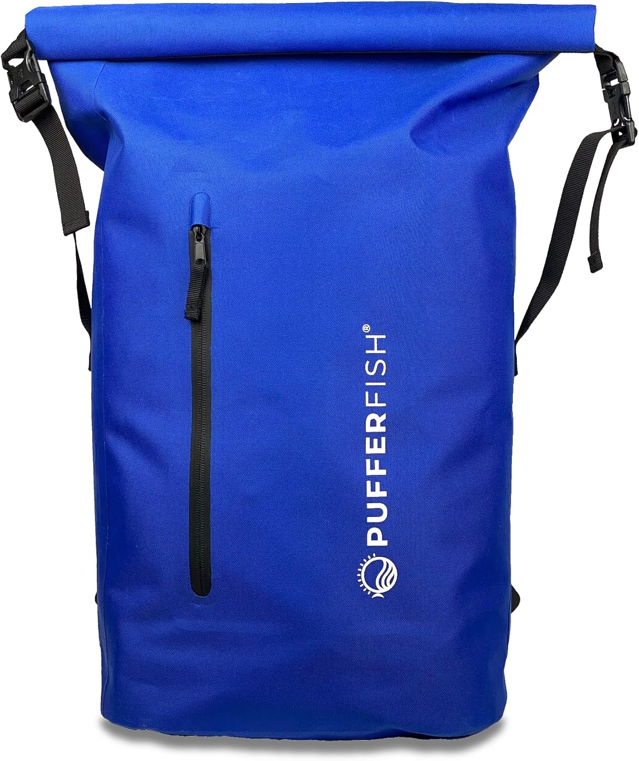 PUFFERFISH Super Sand Bag - Waterproof Roll-Top Beach Backpack, Padded Back and Straps, Multiple Pockets, Recycled Plastic, 35L, Blue