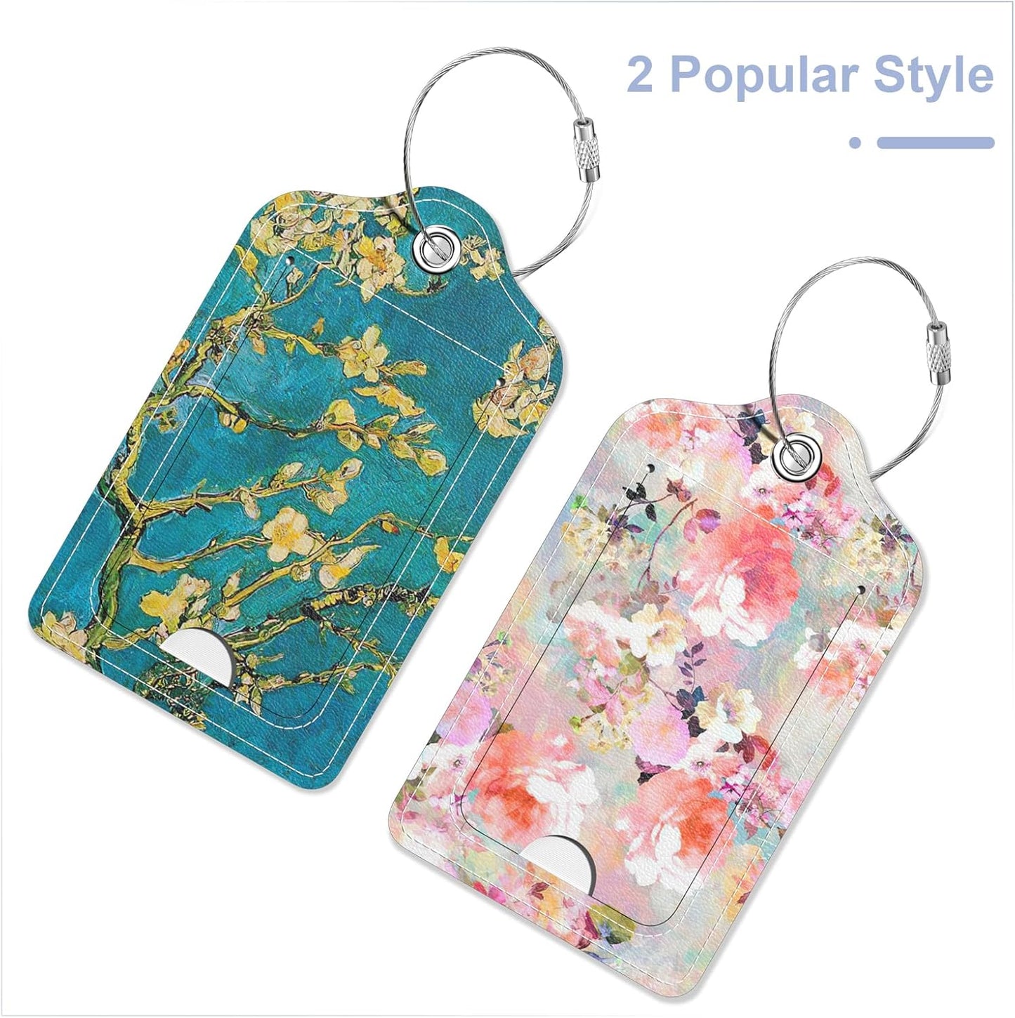 2 Pack PU Leather Luggage Tags for Suitcase, Travel Cruise Luggage Tag with Privacy Flap, Name ID Label and Metal Loop for Women Men Baggage Handbag School Bag Backpack, Watercolor Flowers