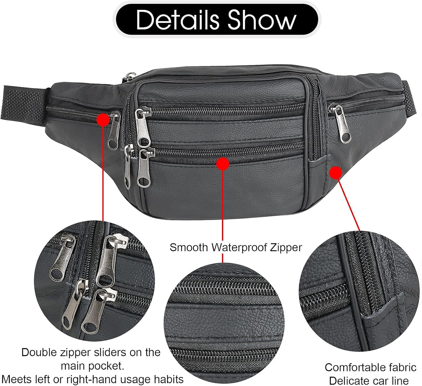 7 Pockets Leather Fanny Pack Travel Waist packs Waist Pack Suitable for Outdoor Mountaineering Travel Camping Cycling Running etc updated version Fanny packs (Black)