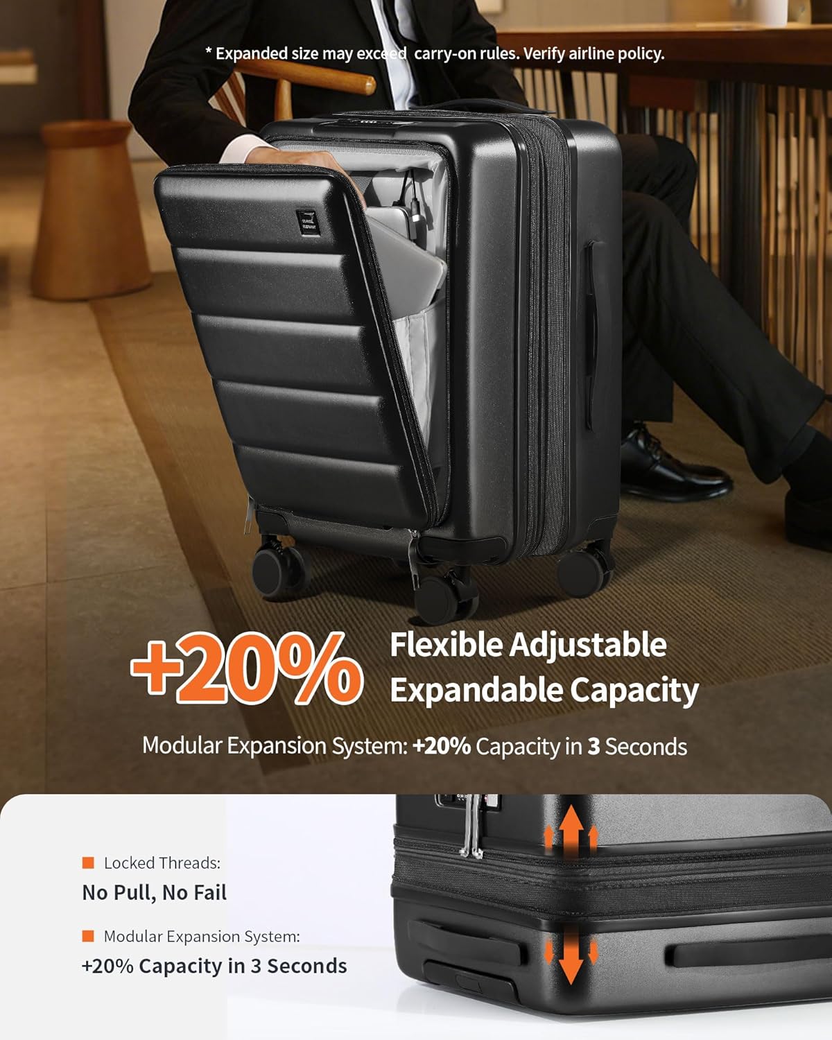 24 Inch Expandable Luggage Check In - Front Pocket Hardside Travel Suitcase Unbreakable -with Cup