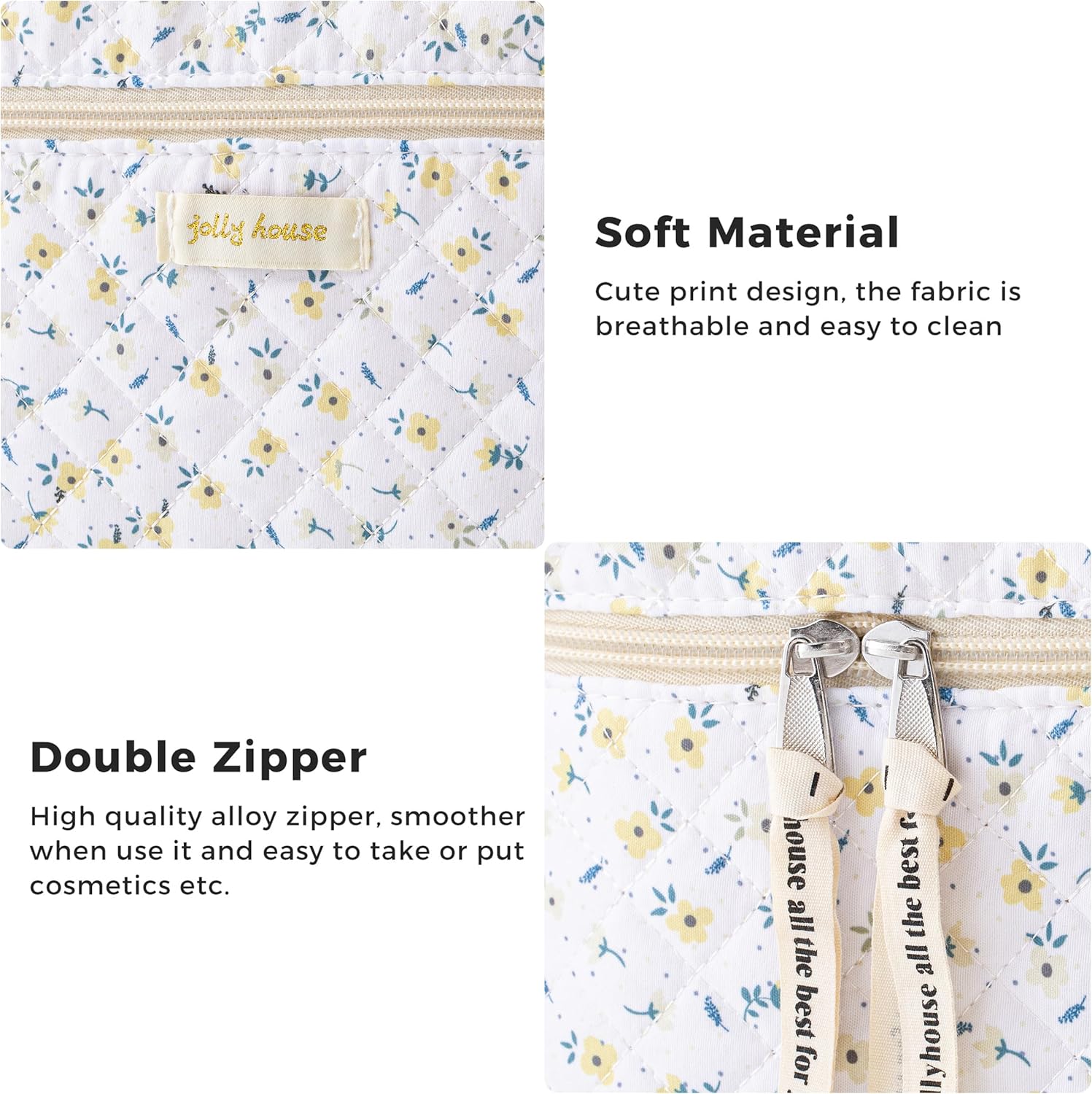 HBselect Quilted Makeup Bag, 3PCS Cotton Large Travel Makeup Bag, Cute Floral Coquette Make up Bag