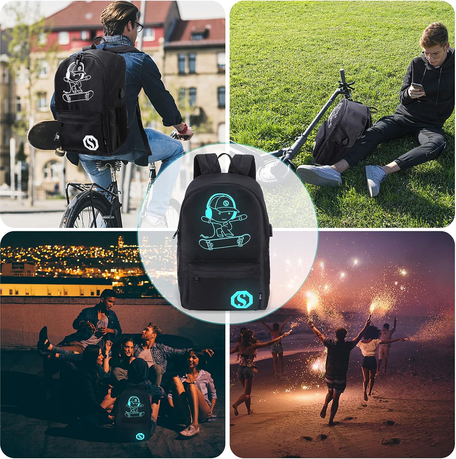 Skateboard Anime Luminous School Backpack with USB Charging Port, Anti Theft Lock, Sling Bag &