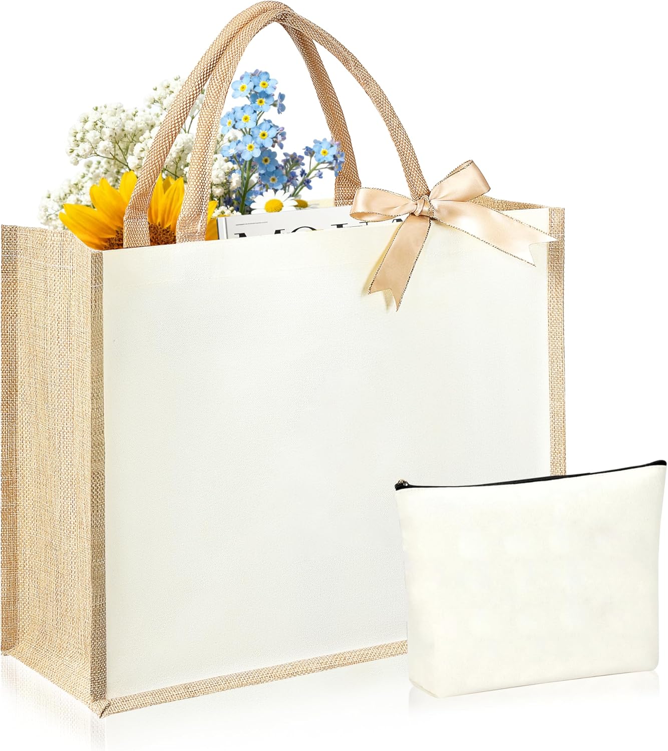 Initial Canvas Tote Bag & Makeup Bag for Women Teacher Bridesmaids，Personalized Present for Wedding, Birthday, Beach