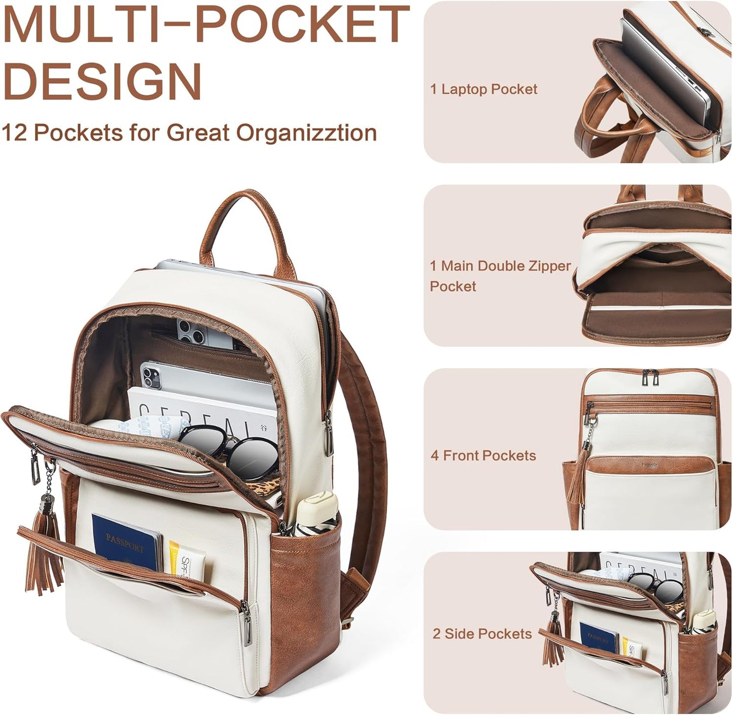 Leather Laptop Backpack for Women,Leather Backpack with Laptop Compartment Fit 15.6 inch