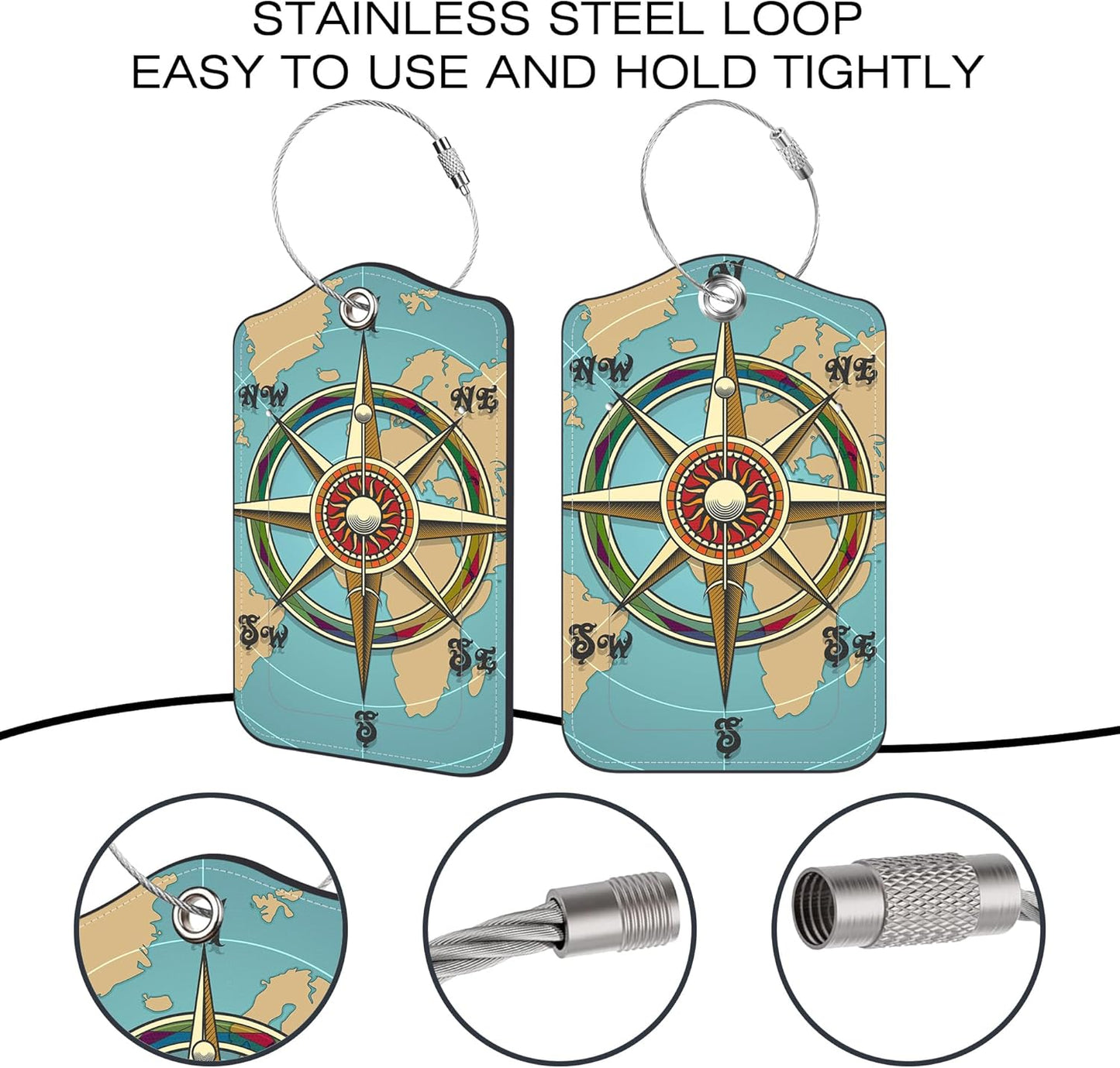 2 Pack Luggage Tags for Suitcase,Vintage Compass PU Leather Idea Baggage Tag with Name Labels Privacy Cover Metal Ring Men and Women Travel Cruise Labels