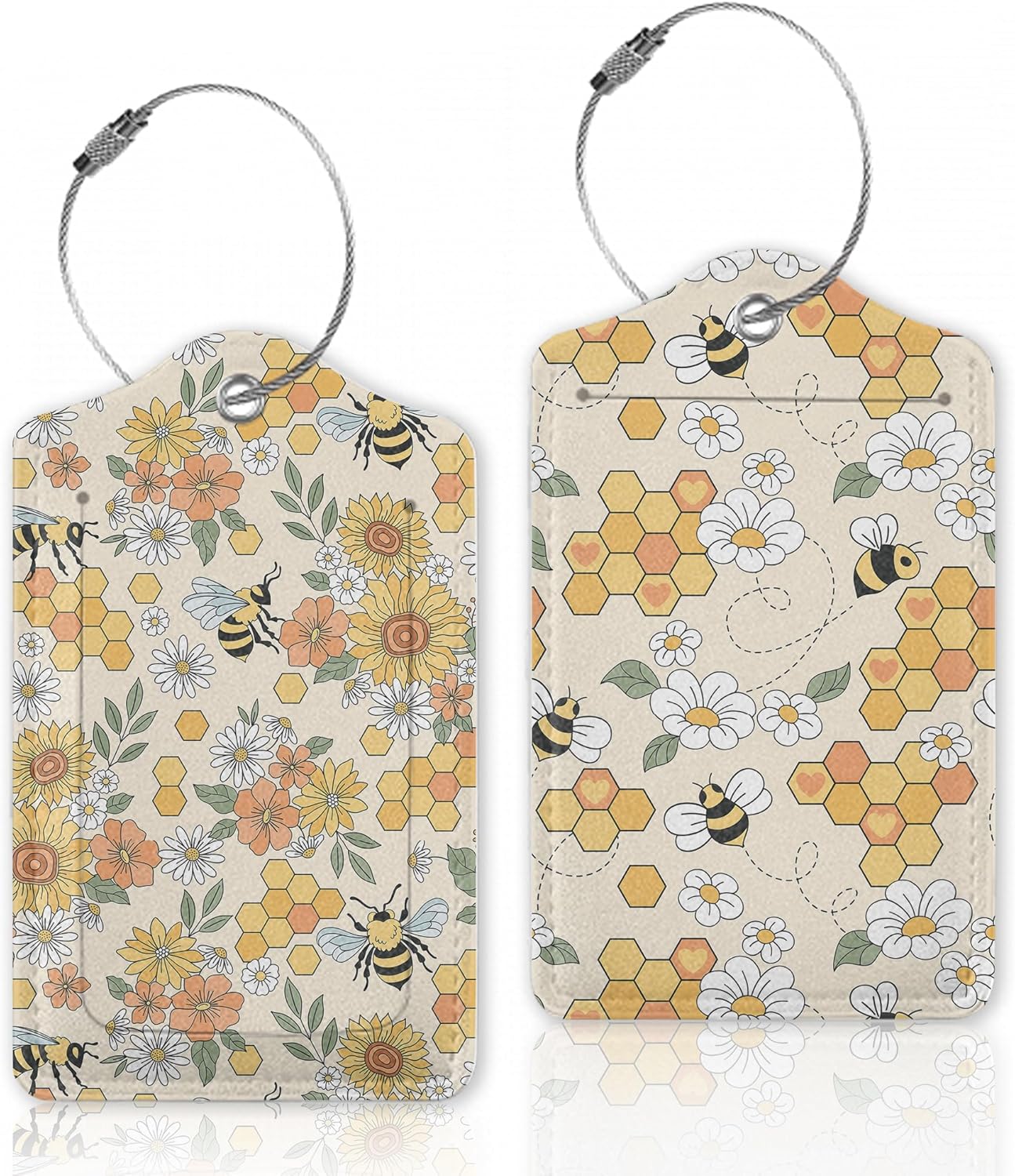 2 Pcs Luggage Tags for Suitcase,Retro 70s 60s Groovy Hippie Flower Bee Luggage Tag Name Id Labels with Privacy Cover for Travel Backpack Women Men