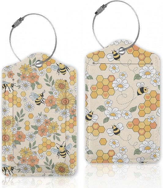 2 Pcs Luggage Tags for Suitcase,Retro 70s 60s Groovy Hippie Flower Bee Luggage Tag Name Id Labels with Privacy Cover for Travel Backpack Women Men
