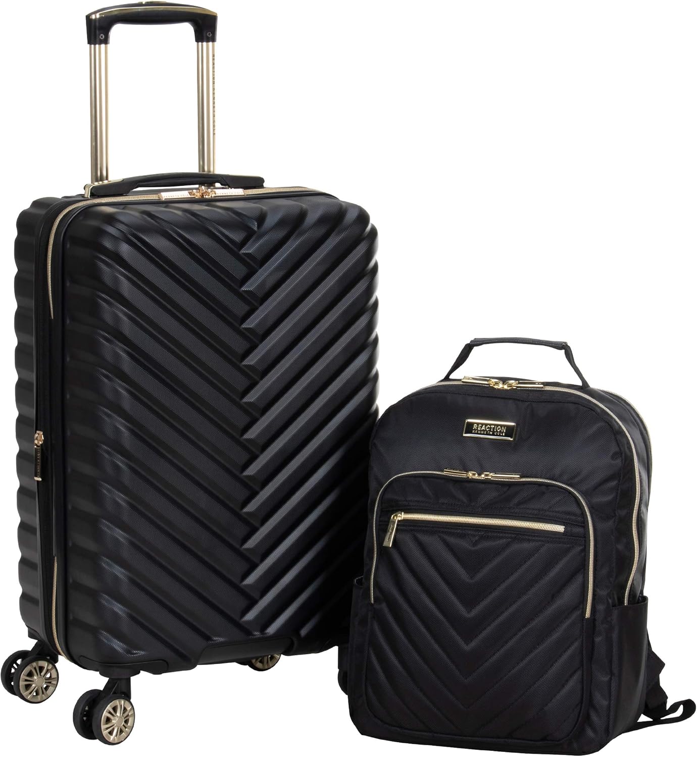 Kenneth Cole REACTION Madison Square Lightweight Hardside Chevron Expandable Spinner Luggage, Black, 2-Piece (20" Carry On + Backpack)