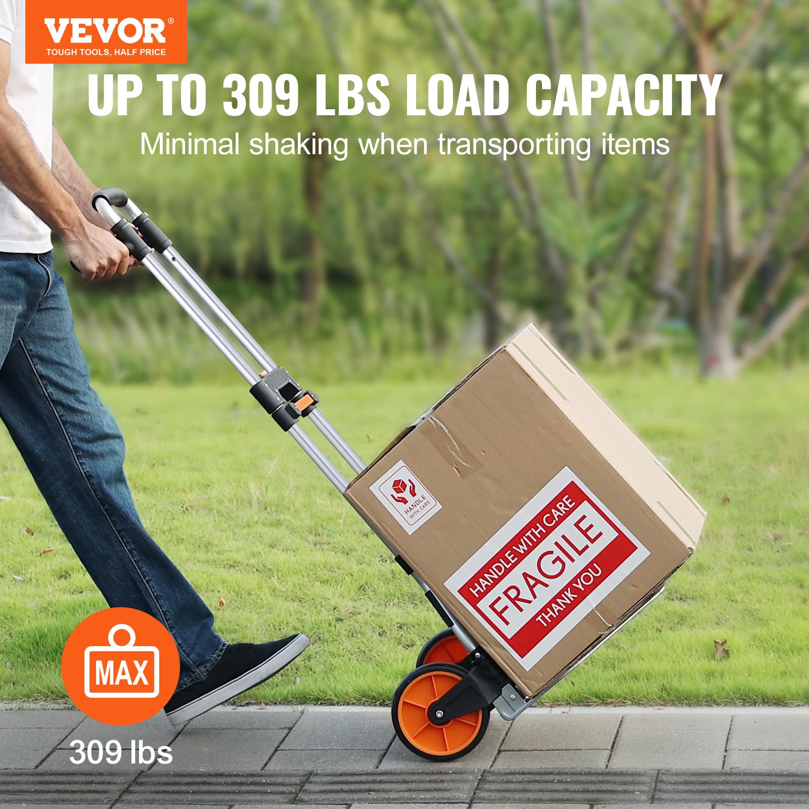 VEVOR Folding Hand Truck and Dolly, 309 Lbs Capacity, Aluminum Foldable Cart, Heavy-Duty Luggage