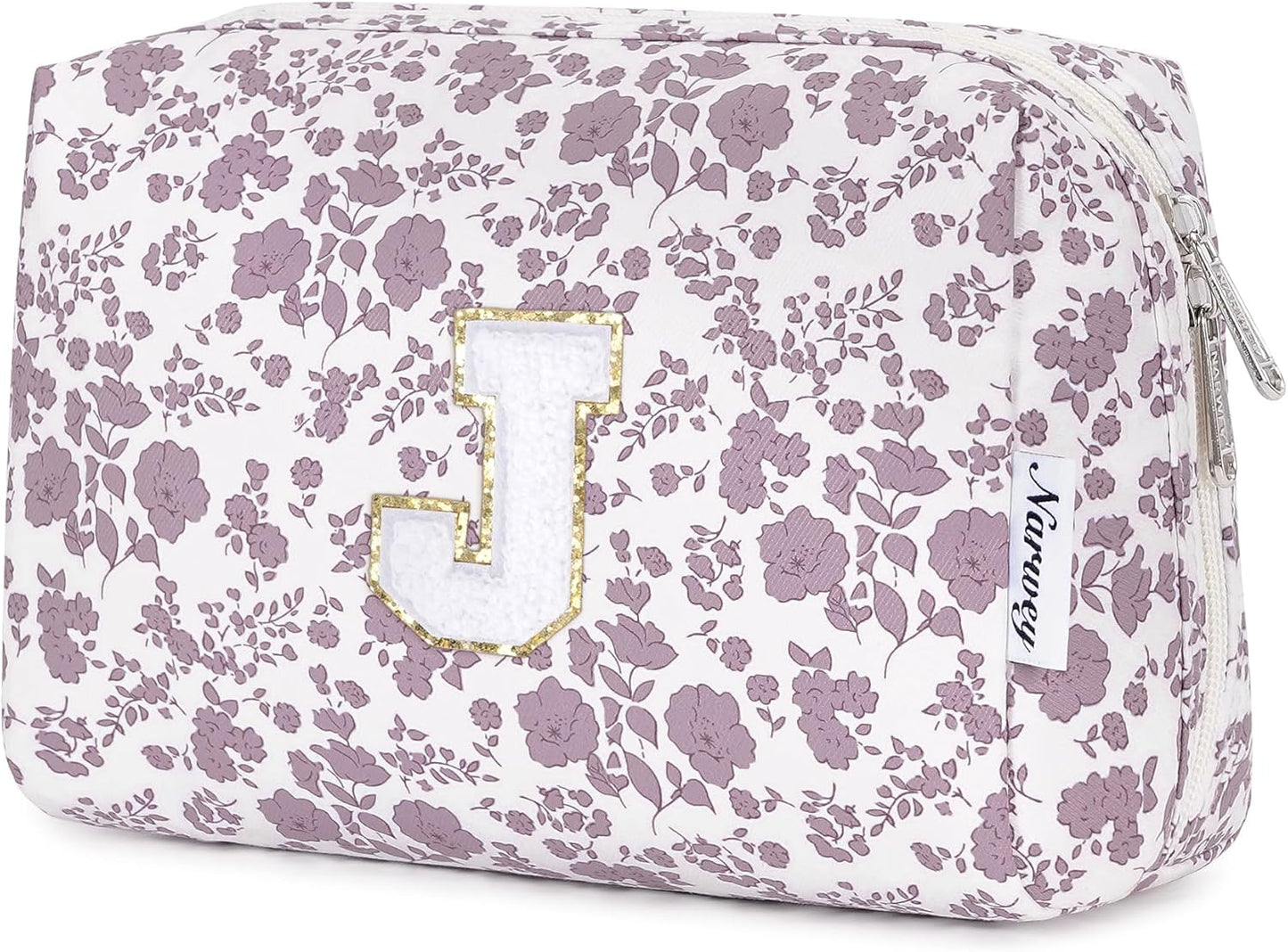 Narwey Birthday Gifts for Teen Girls Kids Women Personalized Initial Floral Makeup Bag Cute Cosmetic Trendy Stuff 6 8 10 11 12 13 14 16 18 Years Old Travel Toiletry Bag (Little Dusty Pink Flower J)