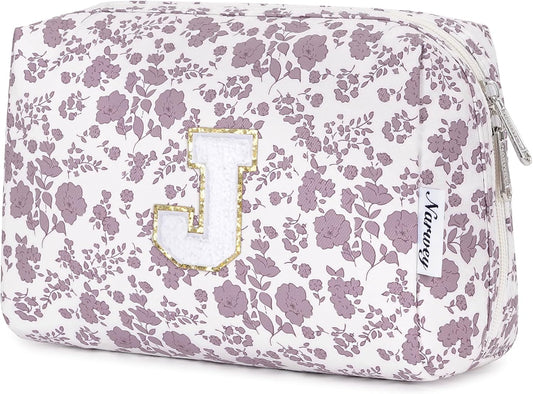 Narwey Birthday Gifts for Teen Girls Kids Women Personalized Initial Floral Makeup Bag Cute Cosmetic Trendy Stuff 6 8 10 11 12 13 14 16 18 Years Old Travel Toiletry Bag (Little Dusty Pink Flower J)