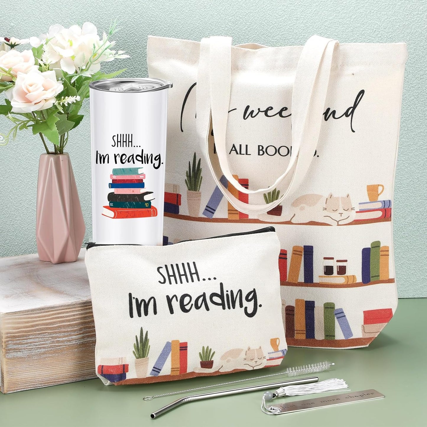 Silkfly 5 Pcs Book Lovers Gifts Set, Gifts for Book Lovers, Includes 20 oz Tumbler Socks Bookmark Tote Bag and Cosmetic Bag