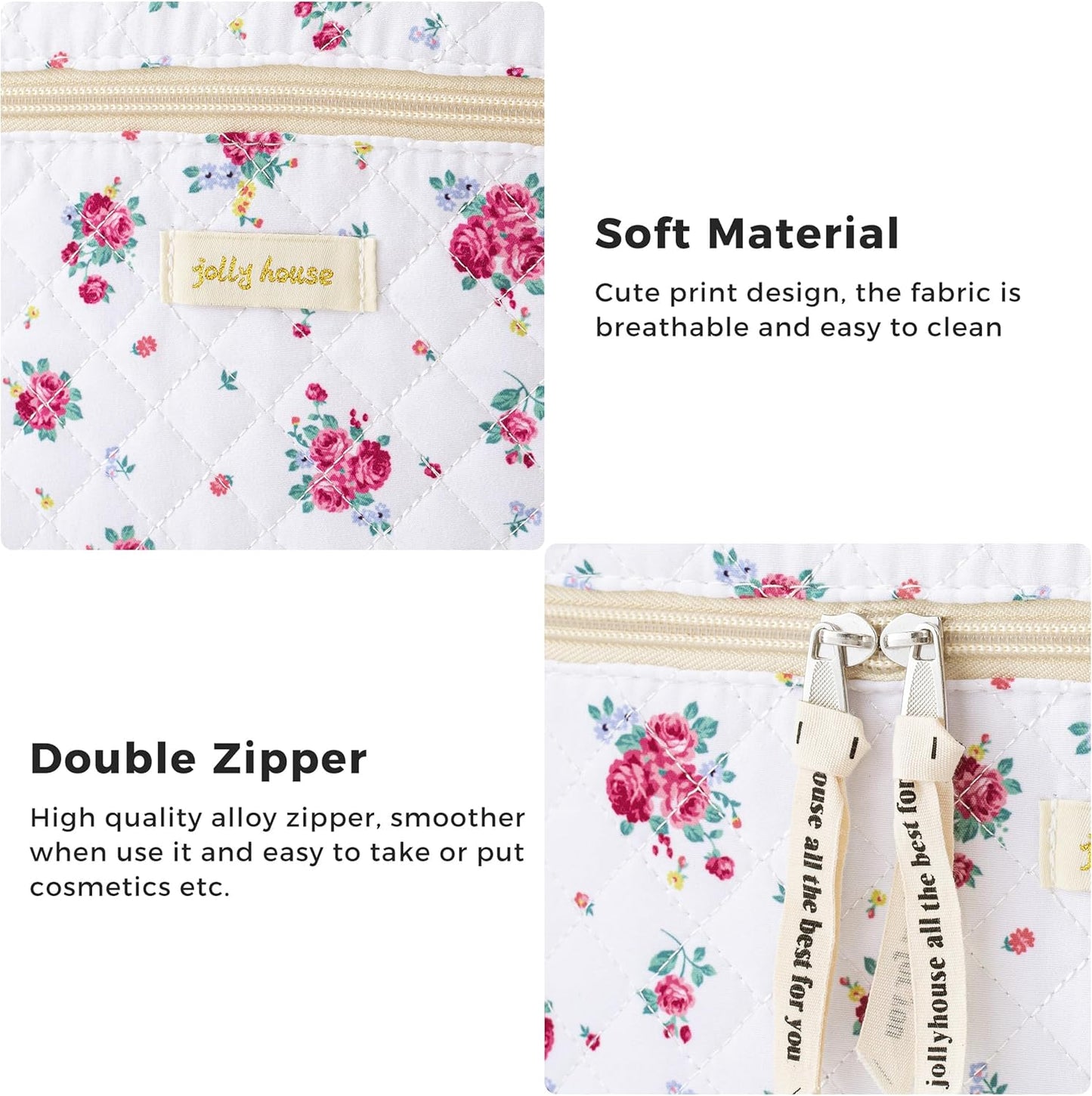 HBselect Quilted Makeup Bag, 3PCS Cotton Large Travel Makeup Bag, Cute Floral Coquette Make up Bag Cosmetic Bag Toiletry Bag for Women Girls