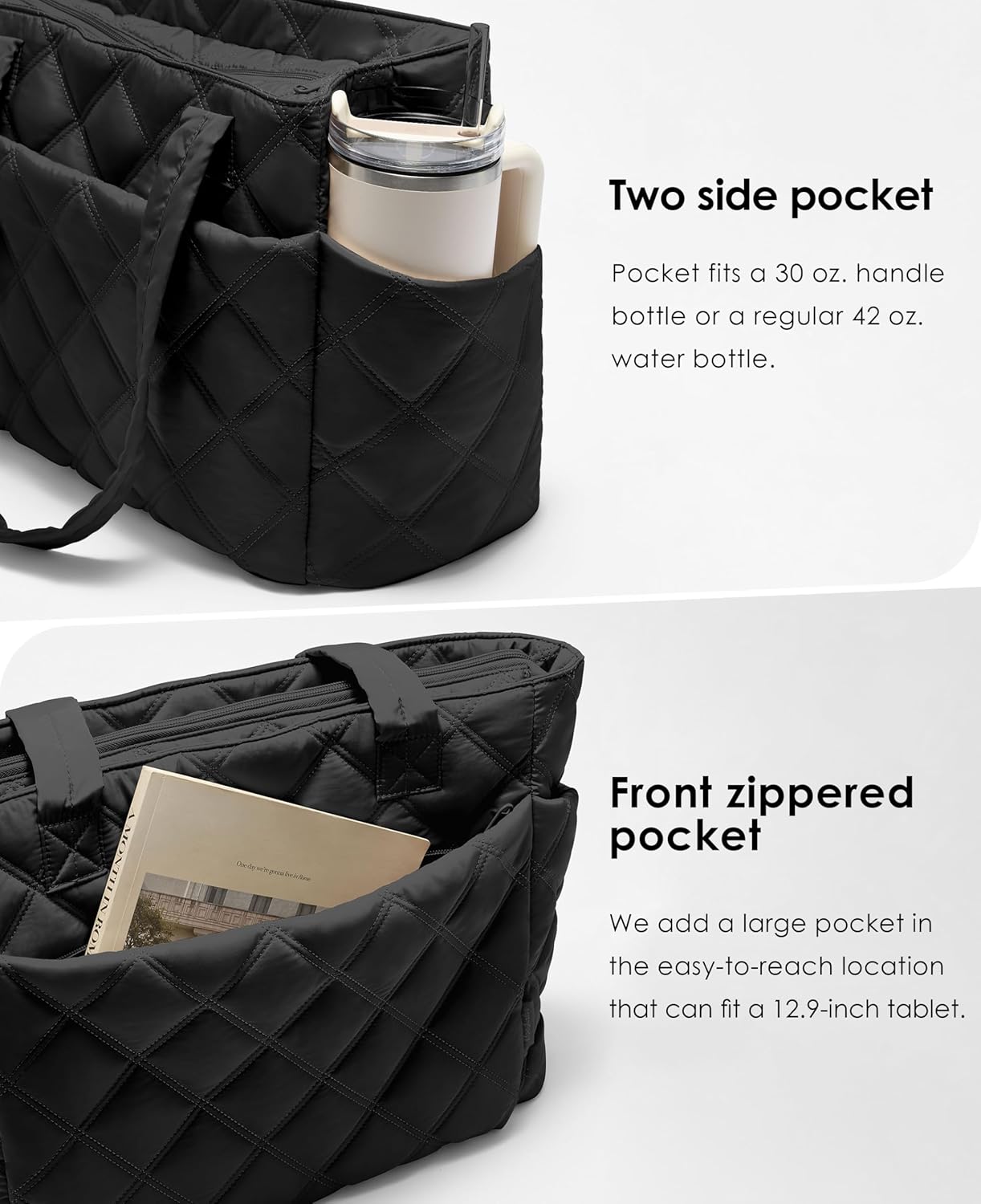 Tote Bag for Women, Lightweight Puffer Tote Work Bags with Compartments for Travel, Quilted Shoulder Bag with Zipper