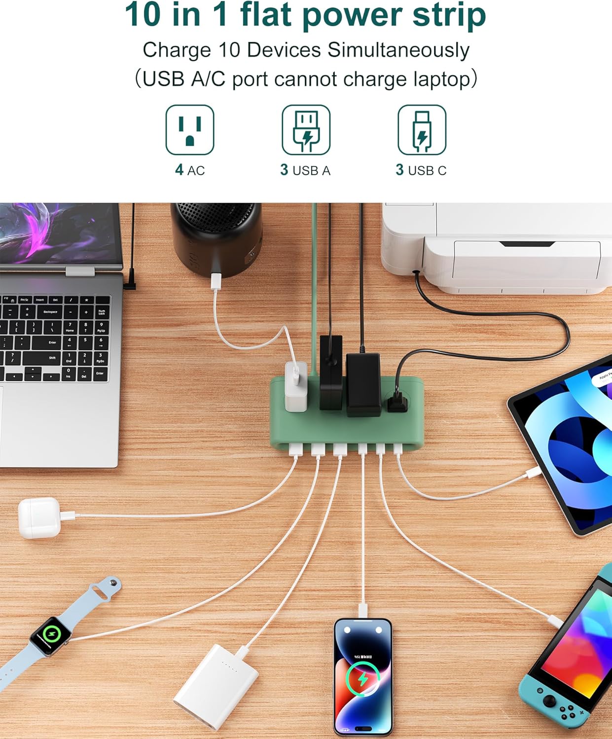 10 in 1 Flat Plug Power Strip with USB C, PD20W Fast Charging Station with 4 Outlets and 6 USB Port（3 Type C+3 USB A, 5ft Extension Cord, Non Surge Protector for Travel (Green)