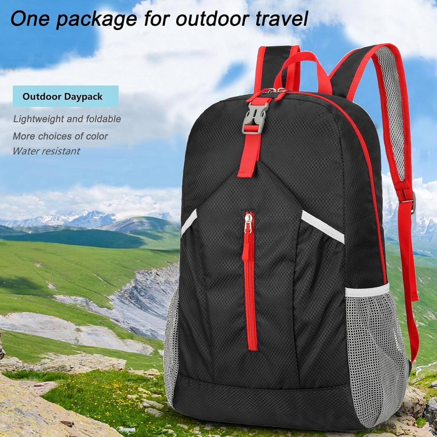 25L Foldable Hiking Backpack Lightweight Packable Basic-Daypack Collapsible Bag Water-Resistant Travel Men Women Camping Cycling Outdoor (Black)