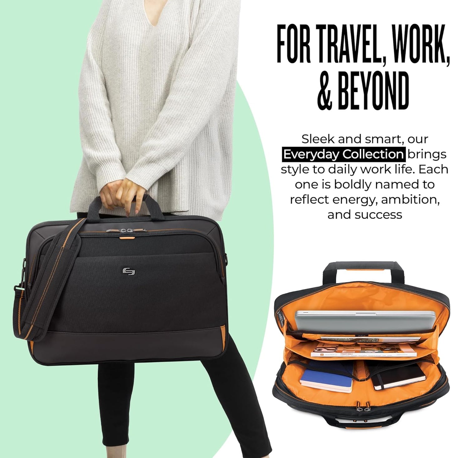 Solo New York Briefcase - Laptop Carrying Bag for Women & Men, Brief for Travel & Work, Internal Tablet Pocket, Adjustable Shoulder Strap, Fits 17.3" Computer - Focus, Black