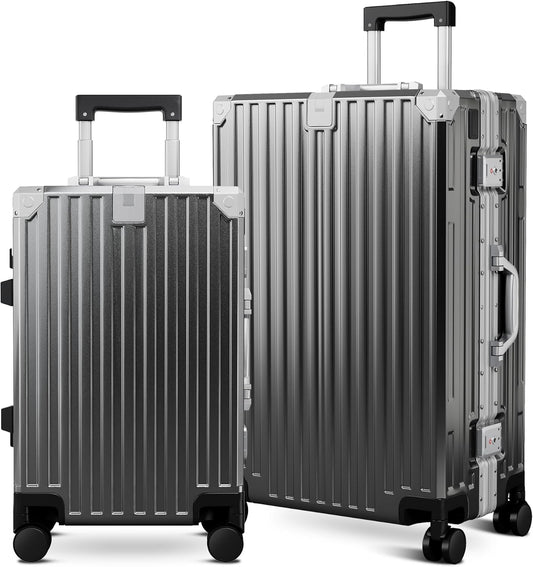 ALPHA CAMP 2 Piece Luggage Sets With Dual Layer Aluminum Frame, TSA Locks, 3-Layer PC 20" Carry-on 24" Checked Lightweight Hardside Zipperless Suitcase Sets, Type-C USB Charging Port, Cup Holder