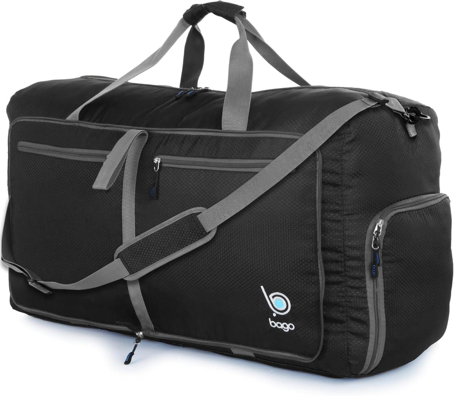 Bago Foldable Duffel Bags for Traveling Women & Men - 60L Medium Packable Duffle Bag for Travel with Shoe Compartment - Water Repellant, Heavy Duty, Lightweight Folding & Collapsible (Black)