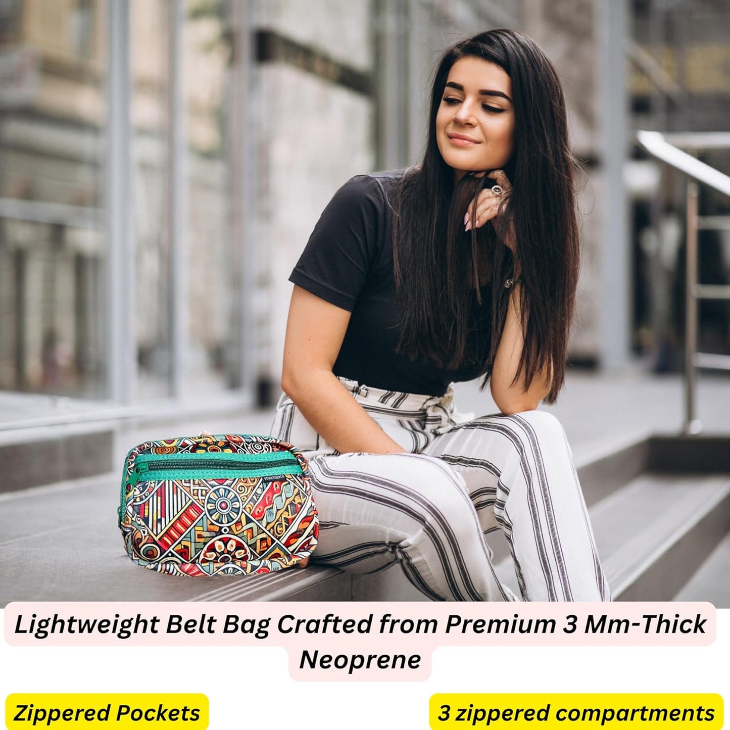 Yewande&co Neoprene Fanny Pack Belt Bag – Lightweight Waterproof Waist Bag with Adjustable Strap, 3 Zippered Pockets, Crossbody Belt Bag for Travel, African Design Crossbody Bags (Petals)