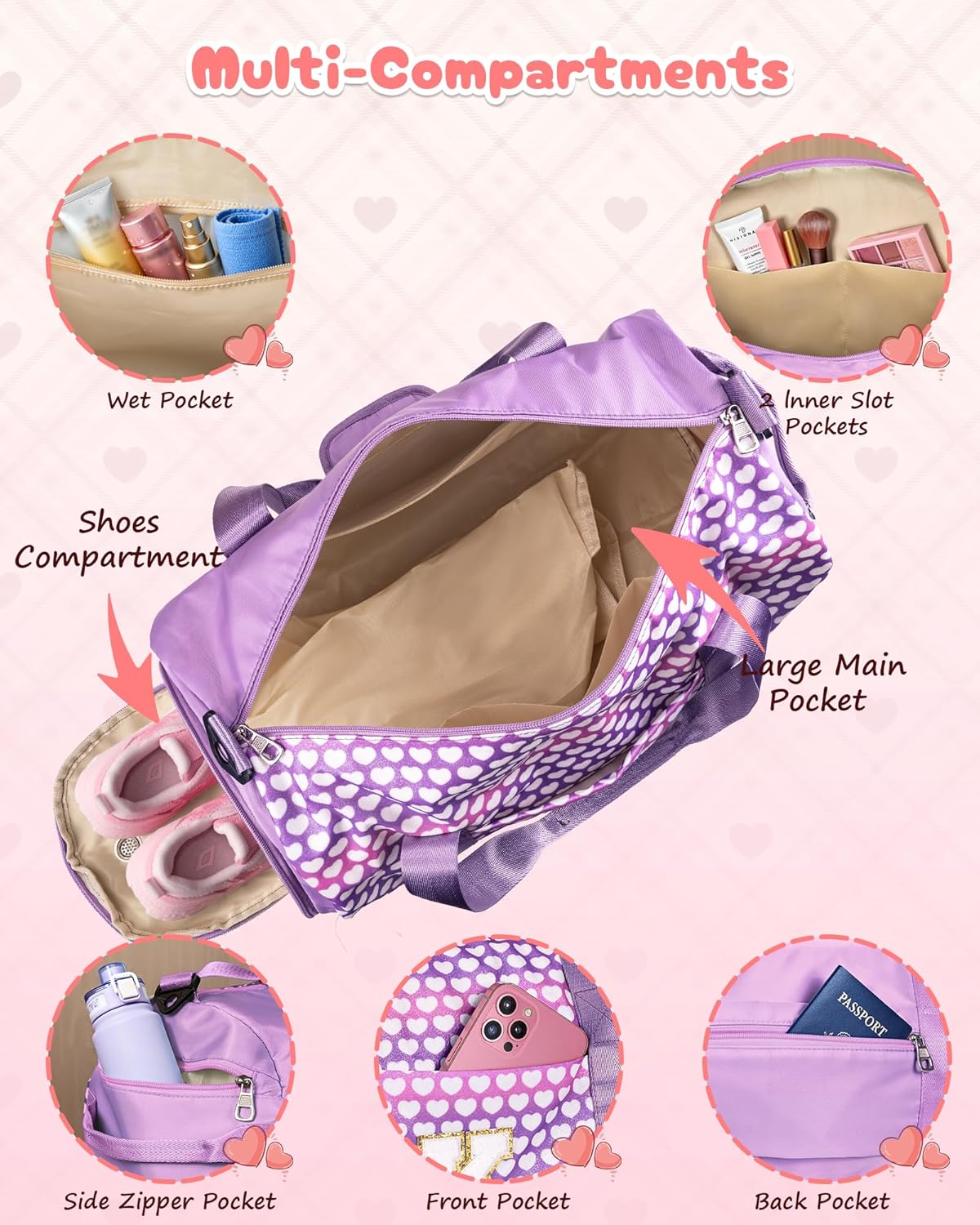 Gifts for Teenage Girl, Girls Travel Duffel Bag, Kids Initial Overnight Bags with Shoe Compartment