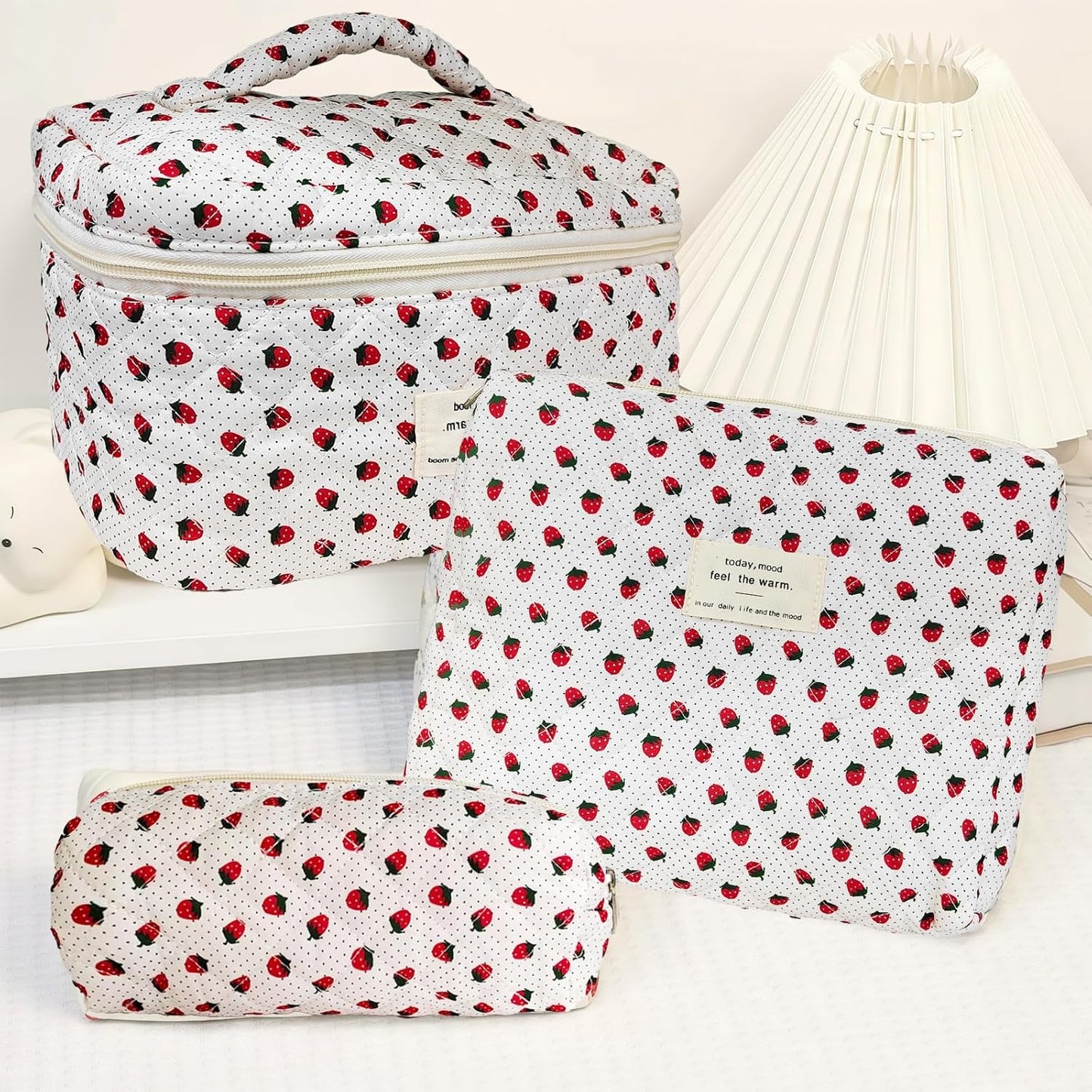 Quilted Makeup Bag, Large Capacity Travel Cosmetic Bag for Women and Girls, Aesthetic Storage for Daily and Travel Use (3pcs-Wildstrawberry)