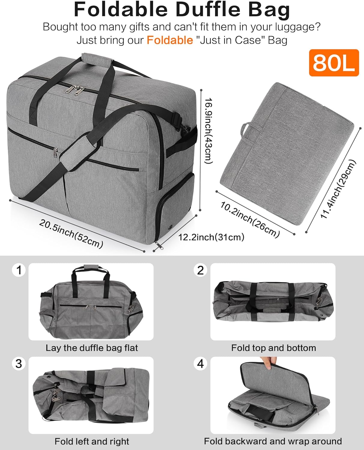 80L Foldable Large Travel Duffle Bag for Men and Women, Packable Duffel Bags with Shoe Compartment, Water Repellent & Tear Resistant (Gray)