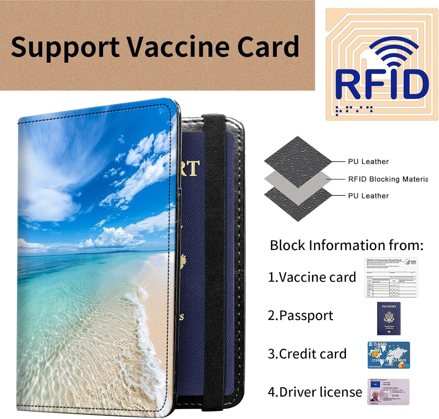 Passport and Vaccine Card Holder Cover Combo,Travel Passport Holder Wallet with RFID Blocking, Leather Vaccine Card Slot Passport Cover Case for Women & Men,Beautiful Beach and Blue Sky
