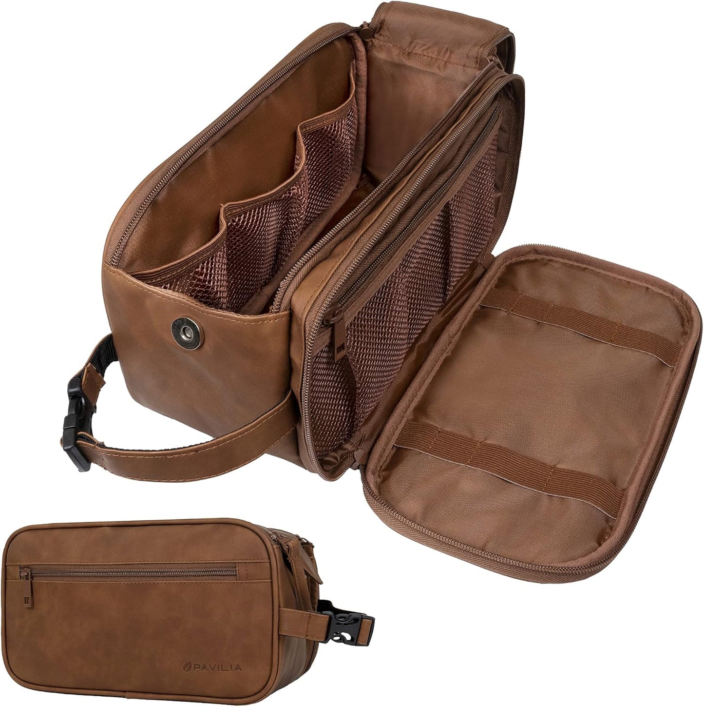 PAVILIA Toiletry Bag for Men, Travel Essentials Shaving Dopp Kit, Mens Travel Bag Toiletries Organizer Case for Grooming, PU Leather Water Resistant Cosmetic Bag Pouch (Brown)