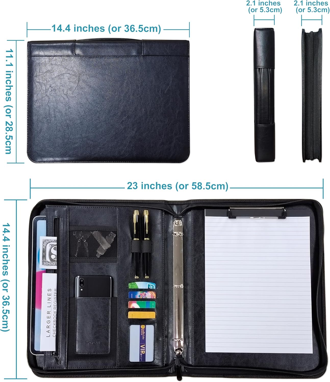 Faux Leather 3 Ring Portfolio Binder With Handle, Business Padfolio for Men & Women, Zippered Document Organizer for Home & Office Use, Including Clipboard, Notepad and Sheet Protectors (Black)