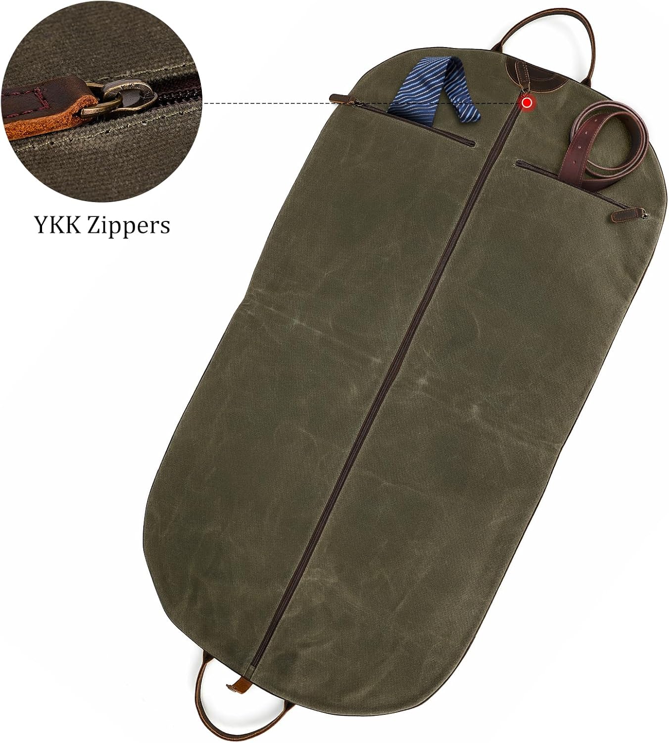 Polare 43” Waxed Canvas Full Grain Leather Trim Carry On Garment Bag for Travel, Waterproof Dust-Proof Foldable Hanging Suitcase Weekender Garment Cover with YKK Zipper (Army Green)