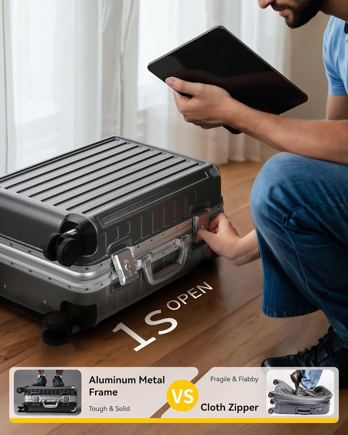 Carry On Luggage with Spinner Wheels, 8010S Aluminum Frame Zipperless Polycarbonate Hard Shell Suitcase (ZX-Core, Silver, 20 Inch)