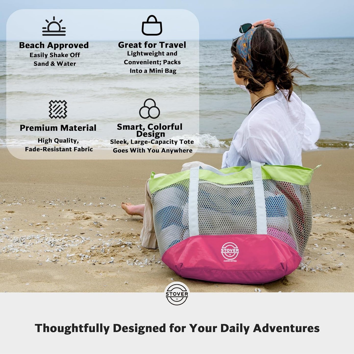 STOVER Large Mesh Beach Bag, Vacation, Pool, Shopping, & Travel Tote - Foldable w/Storage Pockets
