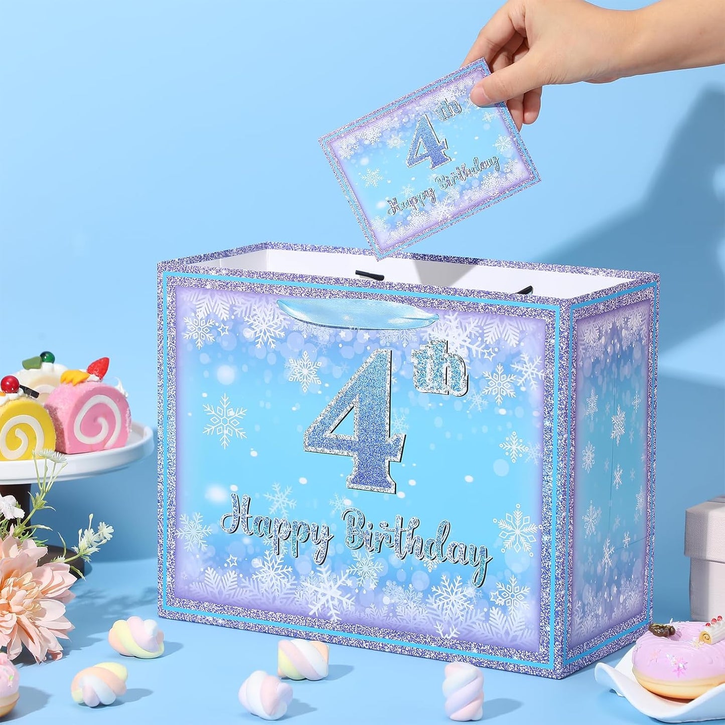 Frozen 4th Birthday Gift Bag for Girls, Large Purple Blue Snowflake Four Birthday Bags with Tissue Paper and Greeting Card Snow Frozen 4 Years Old Party Favor Bags for Girls 4th Bday Christmas Gift
