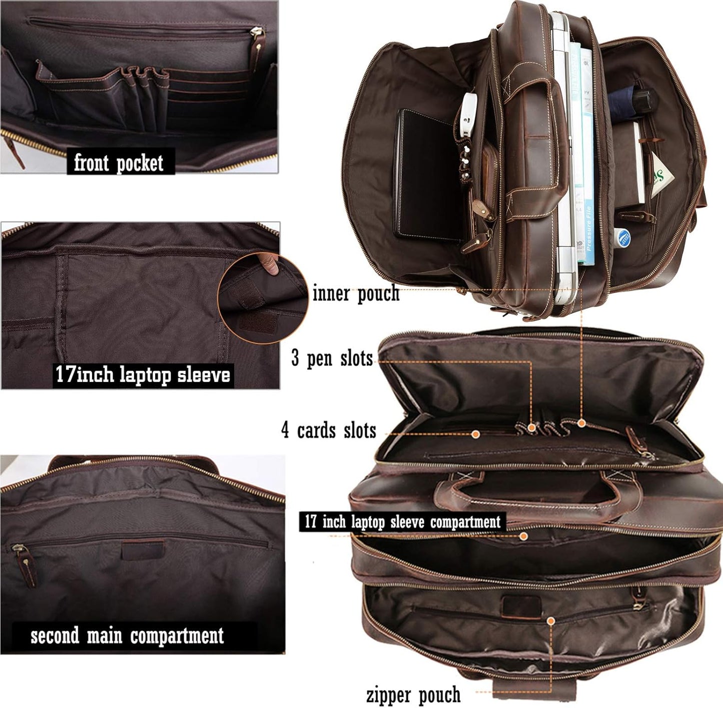 Vintage Full Grain Leather Briefcase for Men Fits 17" Laptop Business Travel Messenger Crossbody Shoulder Bags
