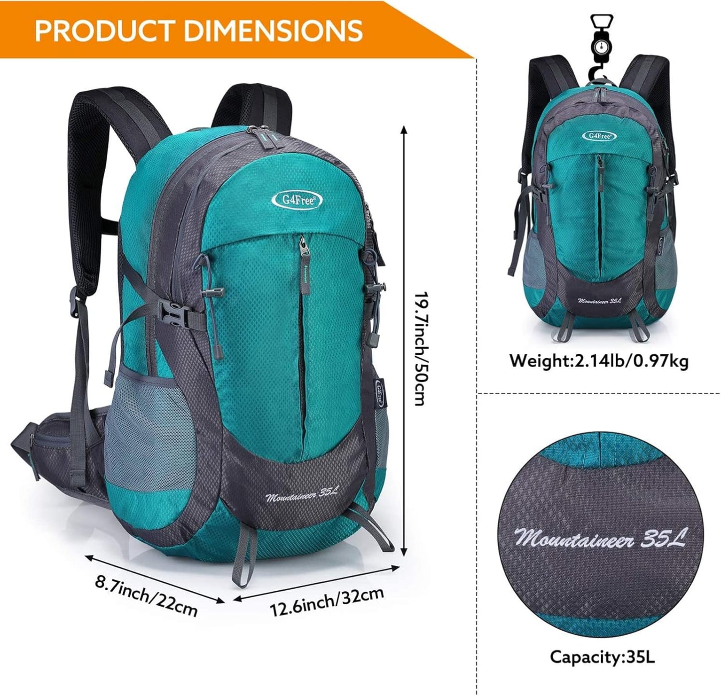 G4Free 35L Hiking Backpack Water Resistant Outdoor Sports Travel Daypack Lightweight with Rain Cover for Women Men (Peacock Green)