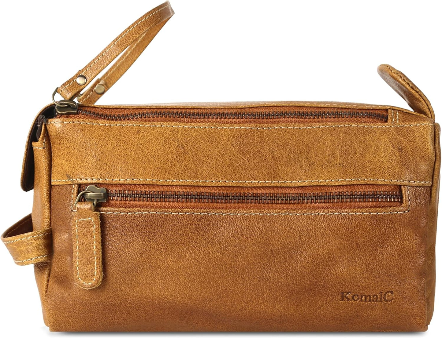 KomalC Premium Buffalo Leather Toiletry Bag for Men & Women – Leather Dopp Kit With Water resistant Lining, Premium Toiletry Travel Pouch, Unisex Wash Bag for Toiletries, Gifts for Men and Women