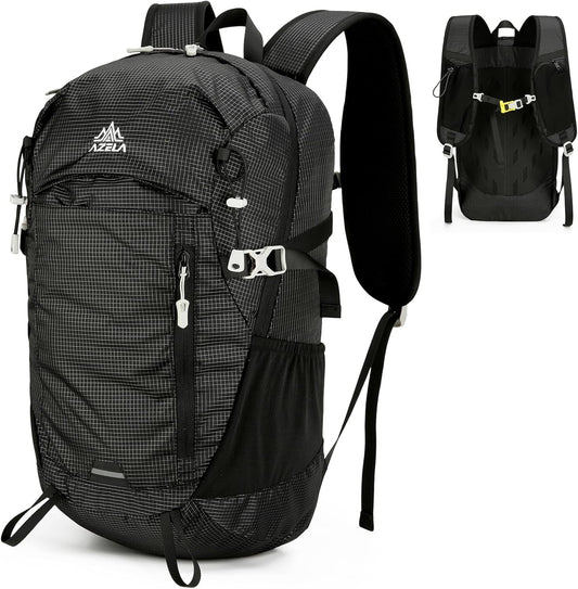 25L Small Nylon Waterproof Hiking Backpack with Phone Pouch for Men, Lightweight Hiking Daypack with Breathable EVA Back Support,Black