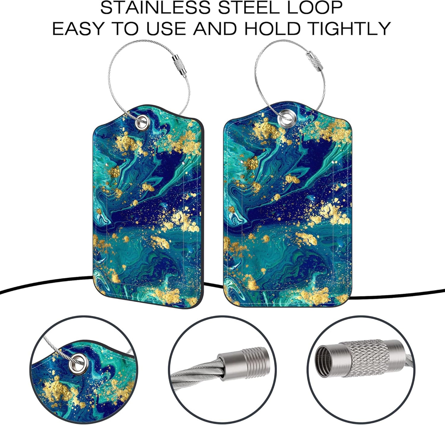 2 Pack Luggage Tags for Suitcase,Blue Marble PU Leather Idea Baggage Tag with Name Labels Privacy Cover Metal Ring Men and Women Travel Cruise Labels