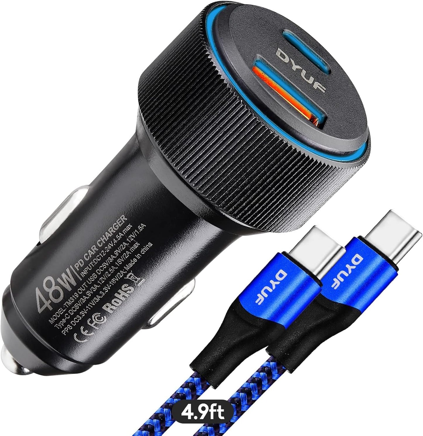 DYUF USB C Car Charger 48W,Fast Car Charger Adapter,with 60W Type C Fast Charging Cable,Dual USB Port PD30W&QC3.0 18W Car Phone Charger,for Samsung Galaxy S22/S21/Ultra 5G,Note 20/10、iPad Pro,Etc
