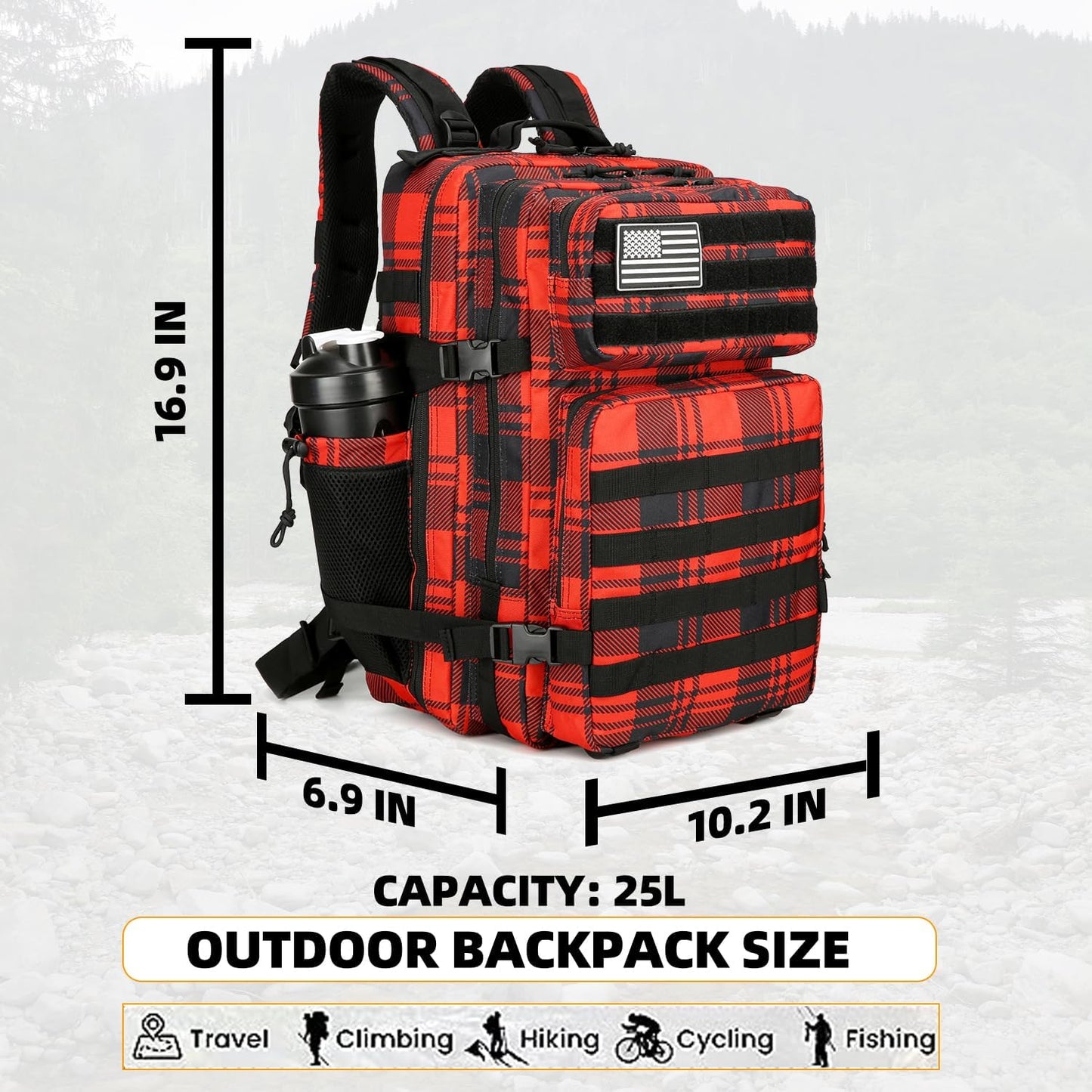 25L Tactical Backpack for Men and Women Military Backpack Army Assault Pack Molle Backpack Small Bug Out Bag Travel Rucksack Daypack (Red Plaid)
