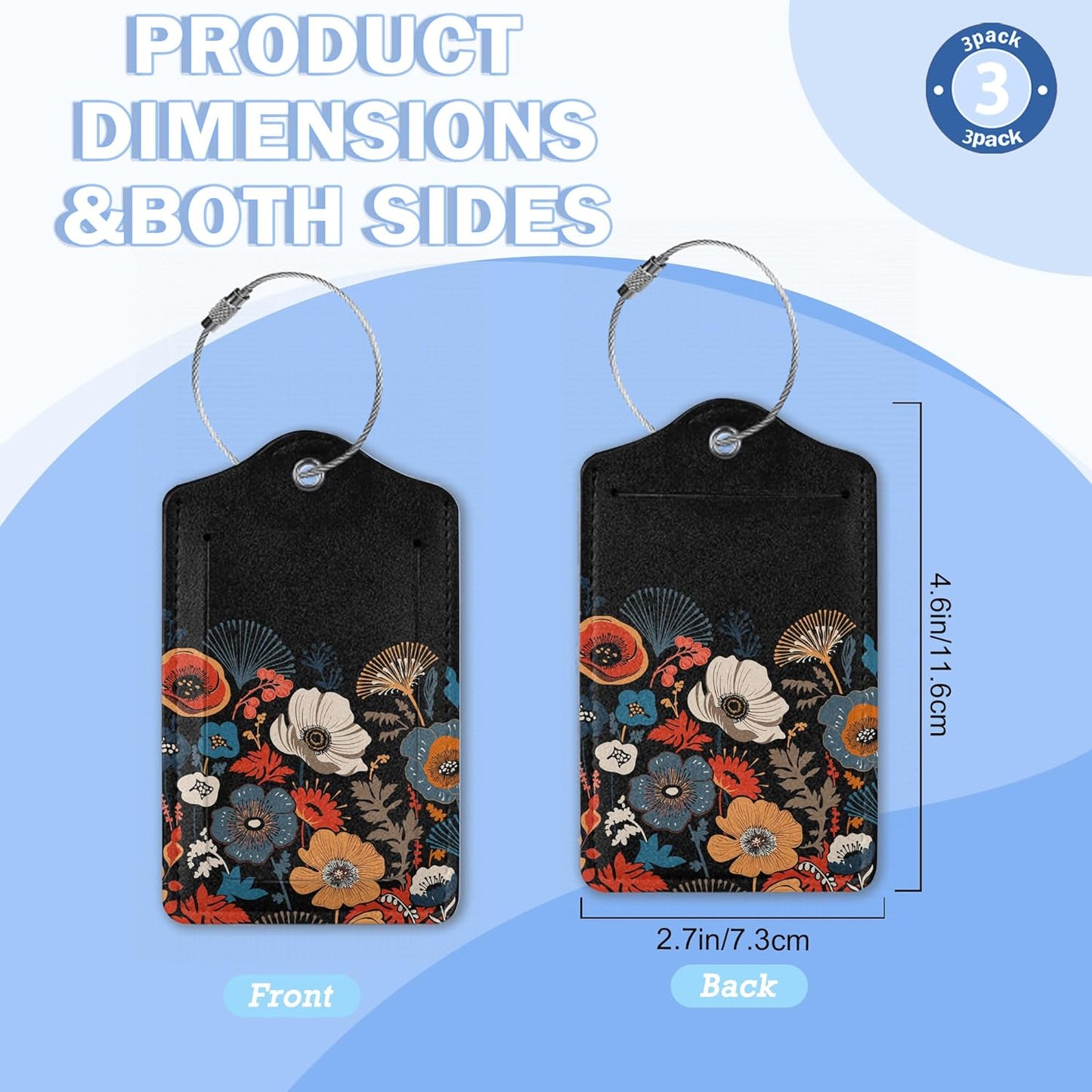 Set of 3 Luggage Tags,Colorful Flowers Spring Leather Suitcases Tag Identifiers with Privacy Name Address Labels & Durable Steel Loop for Women Men Travel