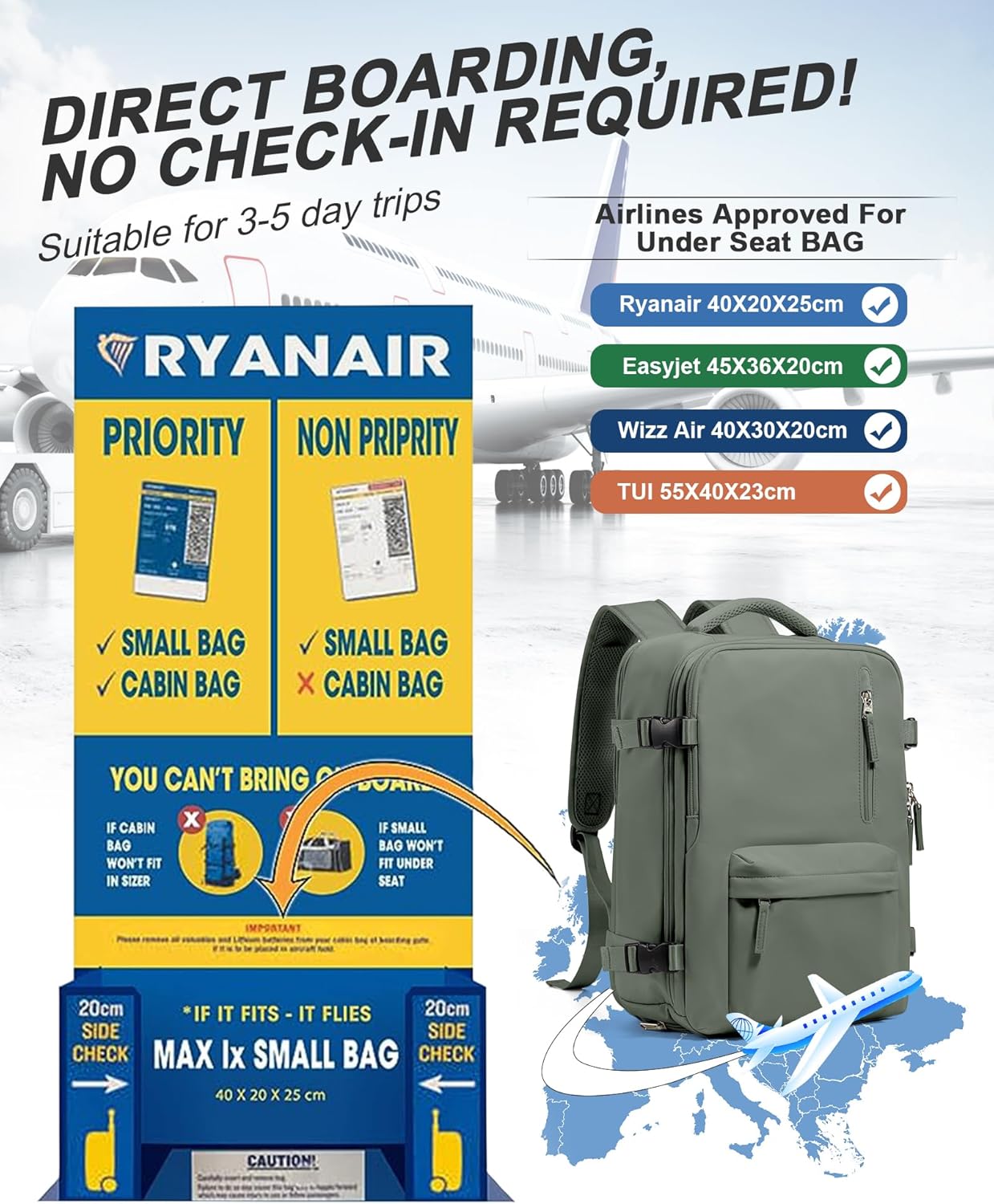 VGCUB Travel Backpack for Women Men for Spirit Airlines Personal Item Bag 18x14x8 Inches Laptop College Waterproof Carry on Flight Approved Work Backpack Mochila de Viaje,Army green