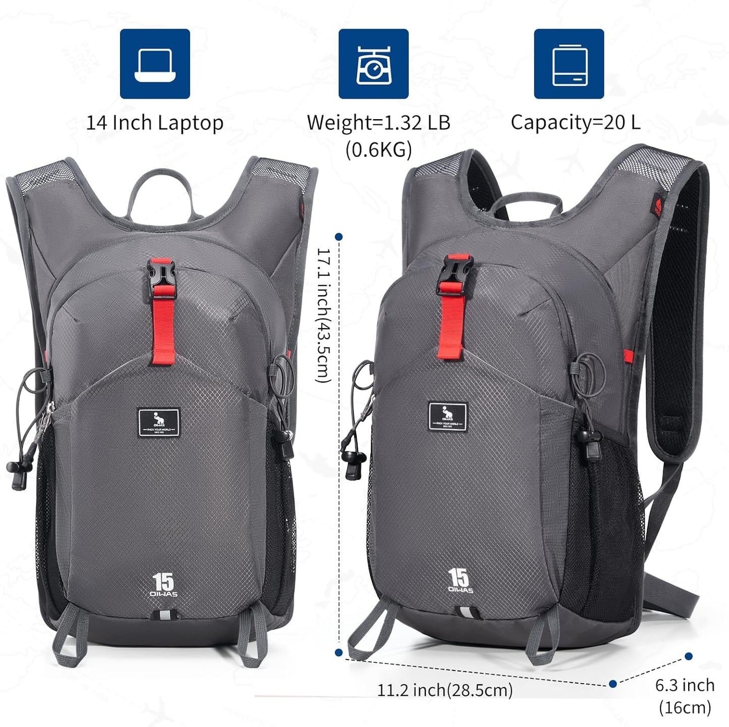 OIWAS Small Hiking Backpack - 15L Hiking Backpacks Water Resistant Camping Backpack Lightweight Hiking Daypack with Hydration Bladder Outlet