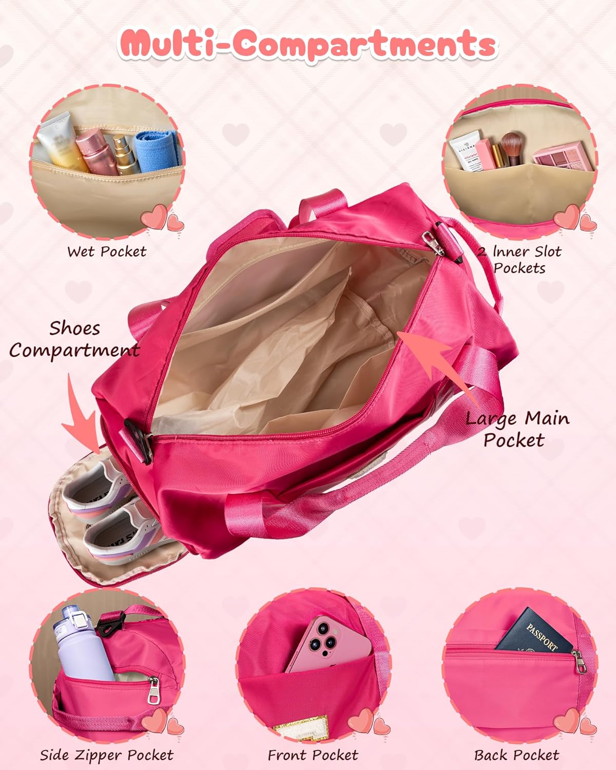 Teenager Girl Gift Ideas, Girls Travel Duffel Bag, Kids Initial Overnight Bags with Shoe Compartment, Customized Sport Gym Weekender Bag with Makeup Pouch, Preppy Stuff (Letter F)