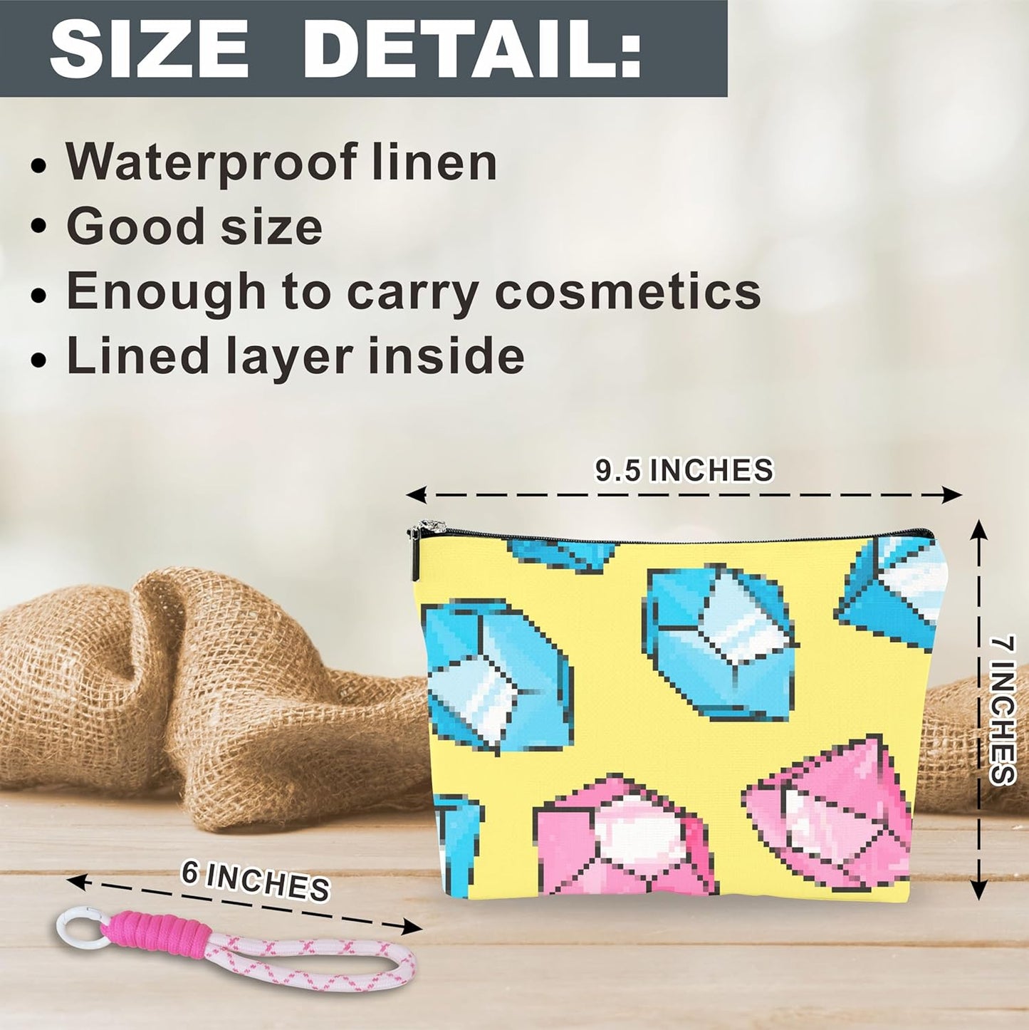 Make Up Bag For Woman, Cosmetic Bag With Hand Strap - Pixel Diamonds - Lined Toiletry Bag For Woman - Travel Pouch, Cute Organizer With Zipper, Women Essentials & Accessories - A12